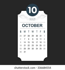 October Calendar 2016 Vector Design Template. Floral art Vintage card background. Week Starts Sunday. vector illustration