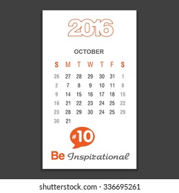 October Calendar 2016 Vector Design Template. Week Starts Sunday. vector illustration