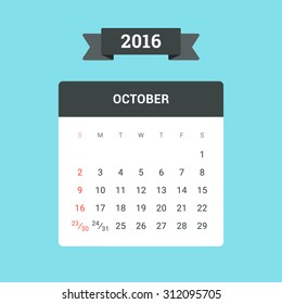 October Calendar 2016. Vector flat design template, ready to print