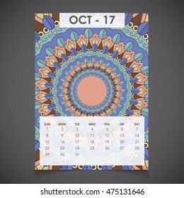 October Calendar 2017. Vintage decorative elements. Ornamental floral business cards, oriental pattern, vector illustration. Islam, Arabic, Indian, turkish, pakistan, chinese, ottoman motifs