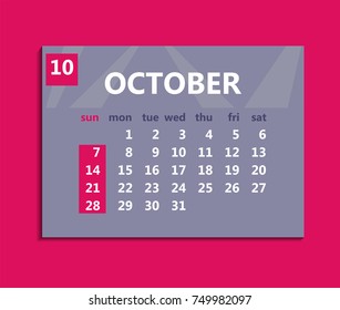 October calendar 2018. Week starts on Sunday. Business vector illustration template for one month 2018 years.