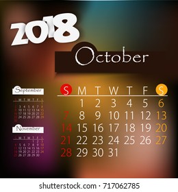 October: Calendar for 2018 year, editable template poster and calendar design, vector illustration