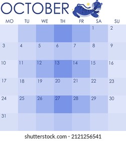 October calendar 2022. Calendar template for 2022 blue tiger. Fun blue tiger on calendar