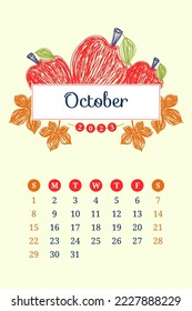 October calendar 2023. Apple fruits. Week starts on Sunday. English template