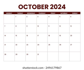 October Calendar 2024, monday start with autumn theme