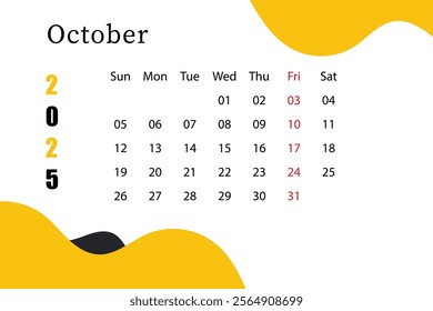 October Calendar 2025 English colorful square Calendar design 2025
