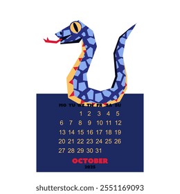 october calendar for 2025 with a snake in the colors of Future Dusk. New Year of the snake. Lunar New Year or Chinese New Year. a blue curved snake on a dark. character about the animals of the zodiac