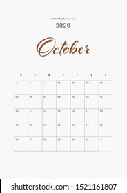 October - Calendar Daily Planner 2020 Design, Minimal Planner 2020 Year. Vector Set 13 Pages. Printable Desk Calendar.