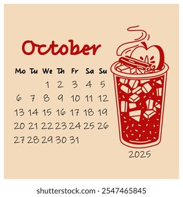 Diseño de calendario de octubre para 2025 con un vaso de ponche de manzana caliente roja con canela. El mes de otoño. Un planificador de calendario pintado en un estilo minimalista, un organizador anual. Números para cada día