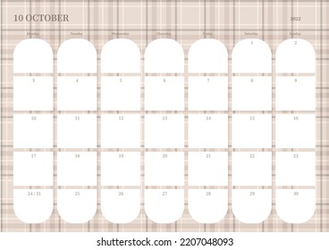 October calendar design template with check pattern background in modern and classic style.