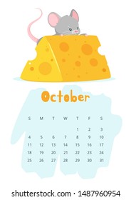 October calendar flat vector template. Children planner for autumn 2020. Basic grid colorful design with mascot. Organizer with text and numbers on blue backdrop. Mouse eating cheese illustration