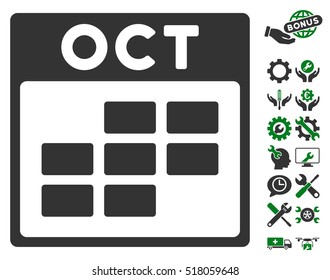 October Calendar Grid icon with bonus service graphic icons. Vector illustration style is flat iconic symbols, green and gray, white background.