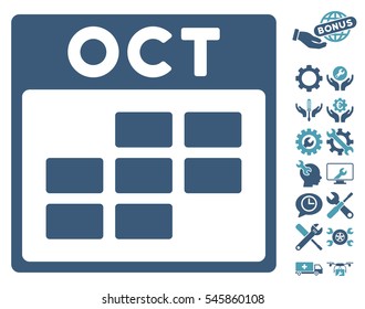 October Calendar Grid icon with bonus settings design elements. Vector illustration style is flat iconic symbols, cyan and blue, white background.