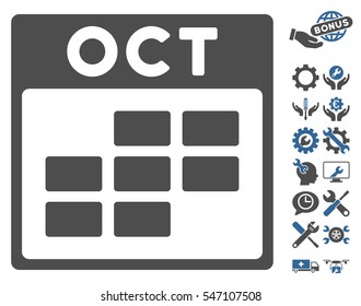 October Calendar Grid pictograph with bonus tools images. Vector illustration style is flat iconic symbols, cobalt and gray, white background.