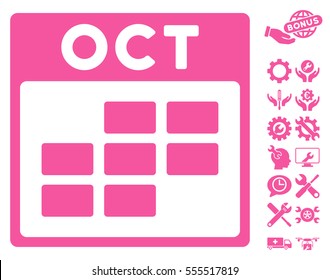 October Calendar Grid pictograph with bonus settings pictograms. Vector illustration style is flat iconic symbols, pink, white background.