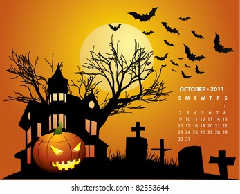October calendar - Halloween with haunted house, bats and pumpkin
