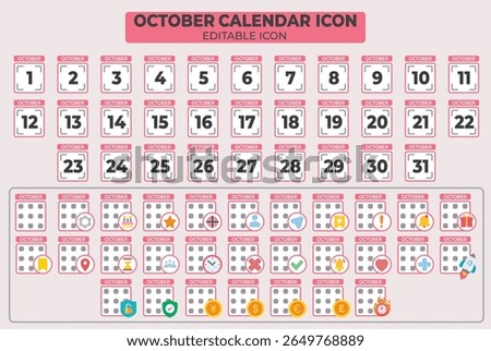 October Calendar Icons with Customizable Elements for Planning and Scheduling Tasks