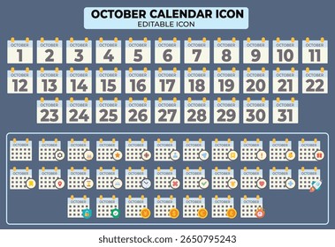 October calendar icons offering editable designs showcasing the month's complete dates schedule