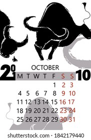 October Calendar Leaf with Bull silhouette images. Page of the month. Year of the Ox. Chinese astrology New Year. Zodiac. Vector