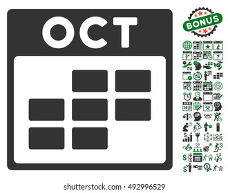 October Calendar Page icon with bonus calendar and time management images. Vector illustration style is flat iconic bicolor symbols, green and gray colors, white background.