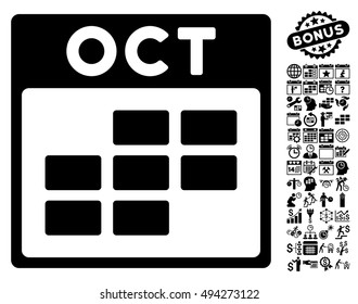 October Calendar Page pictograph with bonus calendar and time management pictograph collection. Vector illustration style is flat iconic symbols, black color, white background.