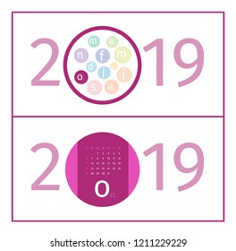 October Calendar Page Template 2019.  Design of months in form of circles in the middle of number 2019. Name of month is abbreviated with  increased first letter. EPS 10 Vector.