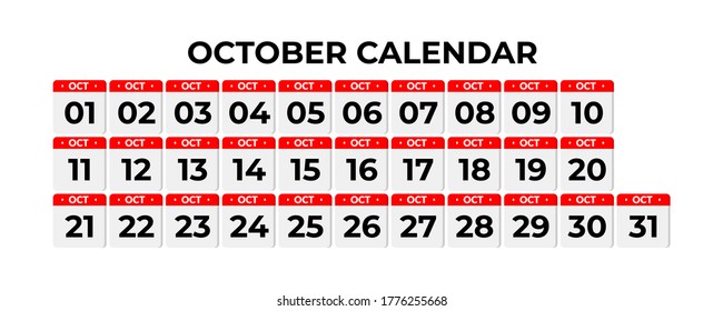 Calendario de octubre, icono de juego de calendario con sombra