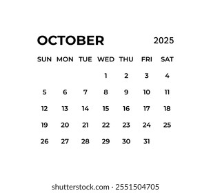 October calendar template for 2025 year. Wall calendar in a minimalist style.