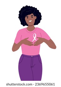 October is Cancer Awareness Month. Young beautiful woman performing a breast self examination.