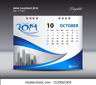 OCTOBER Desk Calendar 2019 Template, Week starts Sunday, Stationery design, flyer design vector, printing media creative idea design, blue background