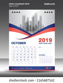 OCTOBER- Desk Calendar 2019 Template, flyer design vector, Blue orange concept layout, monthly planner, Week starts on Sunday, vertical artwork