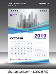 OCTOBER- Desk Calendar 2019 Template, flyer design vector, Blue purple concept layout, monthly planner, Week starts on Sunday, vertical artwork