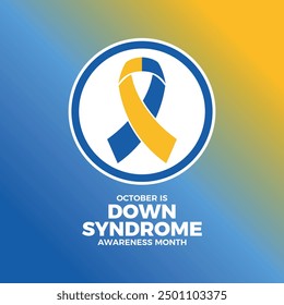 Oktober ist Down Syndrom Awareness Month Poster Vektorgrafik. Blaues und gelbes Erkennungsband Symbol in einem Kreis. Vorlage für Hintergrund, Banner, Karte. Wichtiger Tag