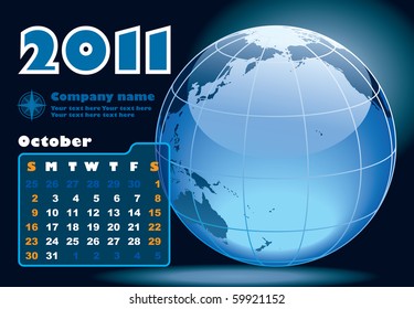 October - the Earth blue calendar for 2011, weeks starts on Sunday