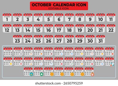 October editable calendar icon collection for scheduling events and reminders with numbers one to