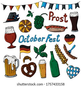 October fest 2020 set of vector icons, hand drawn illustration. Beer,hop,german flag, hat, pretzel, bakery food, wheat,sausage decorative elements