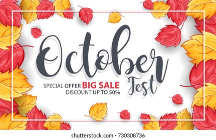 October Fest Background with Hand Drawn October Text and Leaves around it. For Holiday sale Promo, Invitation card and Greeting card