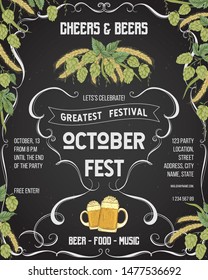 October fest beer festival. Cheers and beers invitation with hop, wheat and glasses of beer on chalkboard background. Design template for card, flyer, print, poster, ad. Vector illustration