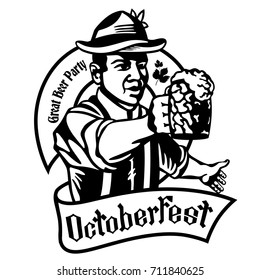 October fest black and white label isolated on white background. The man is holding mug of beer with waved ribbon banner around.