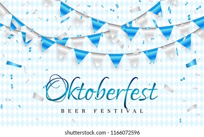 October fest Celebration party banner. Blue and white foil confetti and flag garland. Vector illustration.