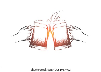 October fest concept. Hand drawn male hands with mugs of beer. Fresh beer with foam isolated vector illustration.