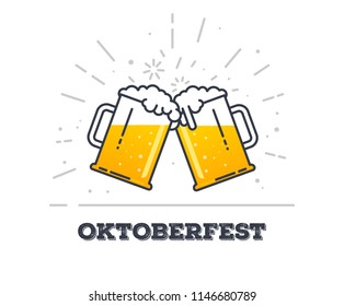 October fest concept. Two gig glasses with fresh yellow live beer and white foam, and bubbles. Line style flat vector illustration. Beer festival concept. Lager sort. Clinking beer glasses.