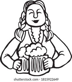 October Fest illustration- lady with beer. Black-white image. Smiling woman with two mugs. Vector illutration made after hand drawn sketch.