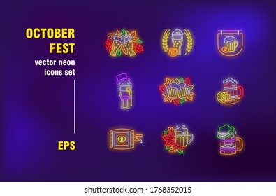 October fest neon signs set. Glass, bear and alcohol. Vector illustrations for luminous billboards. Entertainment and drink concept