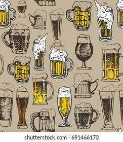 October fest pattern with  beer glasses and mugs, hat, barrel in hand drawn style. Drink beer. Vector illustration.