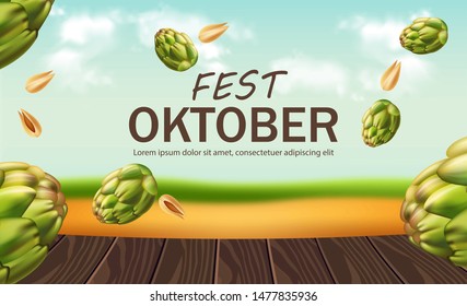 October fest poster with hops Vector realistic. Falling green fresh hops nature background. 3d illustration