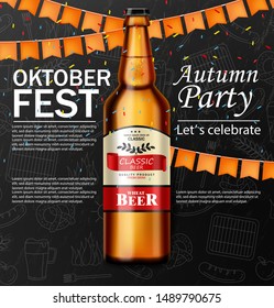 October fest poster Vector realistic. Beer, pretzel, grill sausage food. 3d illustration