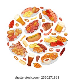 October Fest Round Composition Design with Food and Beer Vector Template