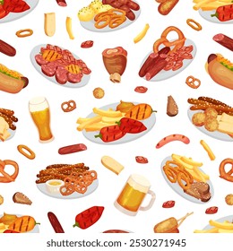 October Fest Seamless Pattern Design with Food and Beer Vector Template