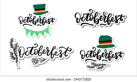 October fest stickers set with gren hat and German flag colors ribbon. Hand lettering brush calligraphy.  typography for Octoberfest holidays greeting card, invitation, banner, postcard, web, poster